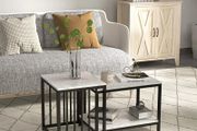 Set of 2 side tables nesting stackable coffee tables with marble-effect wood-look top black metal frame