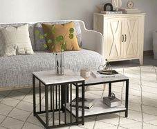 Set of 2 side tables nesting stackable coffee tables with marble-effect wood-look top black metal frame