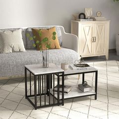 Set of 2 side tables nesting stackable coffee tables with marble-effect wood-look top black metal frame