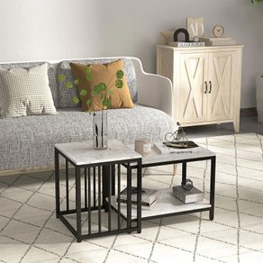 Set of 2 side tables nesting stackable coffee tables with marble-effect wood-look top black metal frame