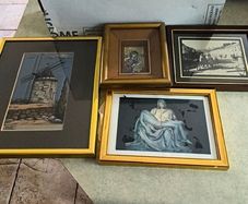 Is 3 pictuer Framed Le Tisserand Jacquard woven silk picture featuring a windmill 30.00 euro , old photo from Charleville, Co. Cork 18 euro, framed Holy post card  Pieta , Love and Honor Jesus 12 euro..