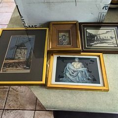 Is 3 pictuer Framed Le Tisserand Jacquard woven silk picture featuring a windmill 30.00 euro , old photo from Charleville, Co. Cork 18 euro, framed Holy post card  Pieta , Love and Honor Jesus 12 euro..