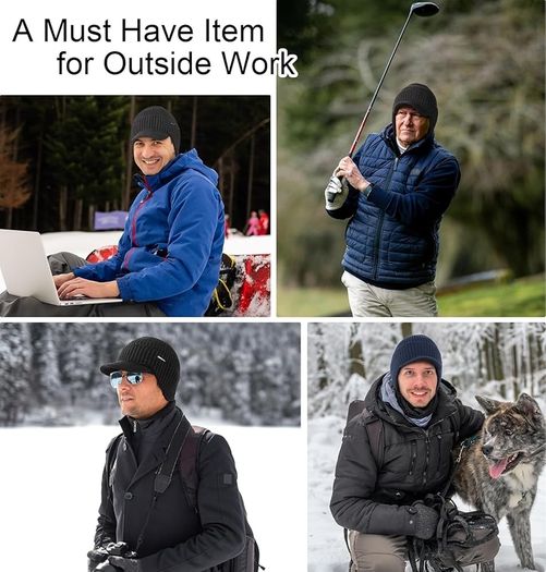 Beanie with Brim and Ear Flaps, Windproof Fleece Lined Knit Winter Hat, Warm Outdoor Mens Wooly Hats, Gifts for Dad
