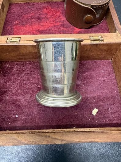 Vintage Miniature Drinks Bottles, Travel Cup and Wooden Box
