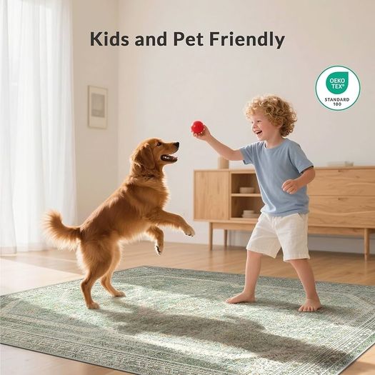 Living Room Rug Without Plush, Washable Kitchen Rug, Non-Slip Rug, Bedroom Hallway, Desk Chair Mat, Dining Room, Green, 120 x 170 cm