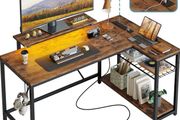 132.5CM L-Shaped Desk with 3 Power Outlets &amp; 2 USB Ports, LED Strip Lights