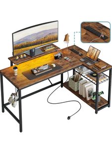 132.5CM L-Shaped Desk with 3 Power Outlets & 2 USB Ports, LED Strip Lights
