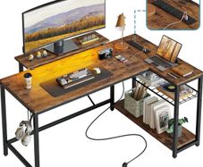 132.5CM L-Shaped Desk with 3 Power Outlets & 2 USB Ports, LED Strip Lights