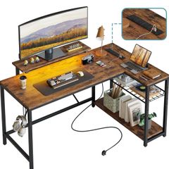 132.5CM L-Shaped Desk with 3 Power Outlets & 2 USB Ports, LED Strip Lights