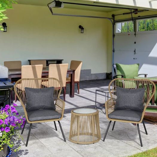 3 Piece Rattan Garden Furniture Set - Includes Cushions, Outdoor Conservatory Dining Set with 2 Chairs and Glass Coffee Table, Brown