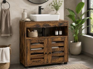 Bathroom Sink Cabinet 60cm Vintage Brown Under Sink Storage Cabinet with Double Doors