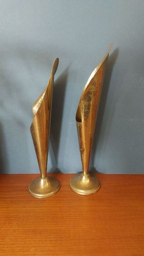 A Fabulous Pair of Rare Antique/Vintage Brass Arts & Crafts Style "Calla Lily" or "Trumpet" Vases with Hand-Beaten Repousse Finish  - Priced as a Pair, But Can be Sold Separately