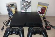 Sony PlayStation 3 PS3 Slim Black Console CECH 3003A 160 gb 2 Controllers and 3 games e/c