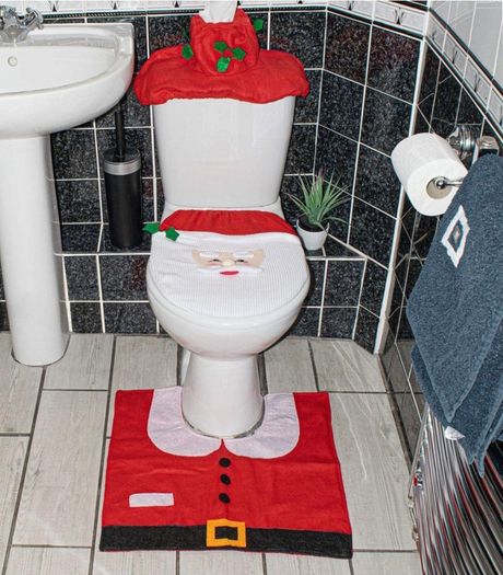 Santa Claus Bath Mat Toilet Seat Cover, 3pcs Christmas Decorations Novelty Lid Seat Cover Water Tank Non-Slip Rug Warmer Toilet Cushion Bathroom Set Decoration Christmas Party (FREE POSTAGE)
