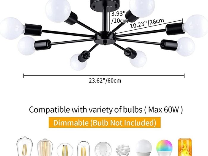 Modern 8 Lights Sputnik Chandeliers Black Semi Flush Mount Ceiling Light Fixture Mid Century Ceiling Pendant Lighting for Living Room Dining Room Bedroom Kitchen (FREE SHIPPING)
