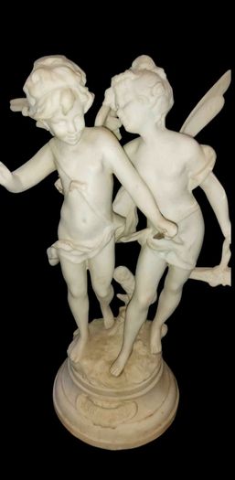 Antique Psyche and Cupid heavy large bisque statue