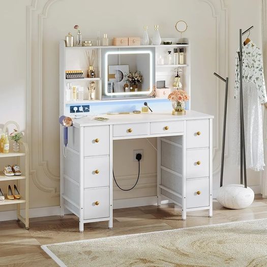 Vanity Desk with Movable LED Mirror and 8 Drawers, Dressing Table with Built-in USB Power Outlets & RGB Light Strip, Vanity Table with 4-Layer Adjustable Shelves, White Makeup Desk 110/40/137cm