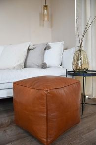 Good Square Leather Pouffe - Handmade - Delivered stuffed - Ottoman footstool, floor cushion (Black)
