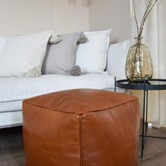 Good Square Leather Pouffe - Handmade - Delivered stuffed - Ottoman footstool, floor cushion (Black)