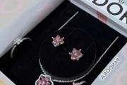 Pandora Herbarium Sparkling Pink Double Flower Pendant Necklace   Brand New