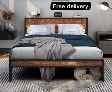 King Size Bed Frame with Storage Wooden Headboard, Metal Bed Frame