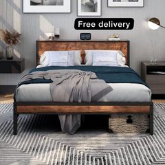 King Size Bed Frame with Storage Wooden Headboard, Metal Bed Frame