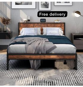 King Size Bed Frame with Storage Wooden Headboard, Metal Bed Frame