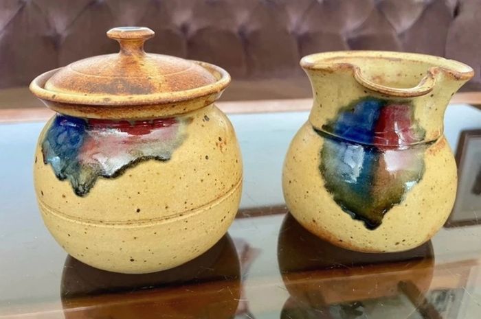 Vintage Stoneware Creamer or Small Jug & Lidded Sugar Bowl made by Badger Hill Pottery