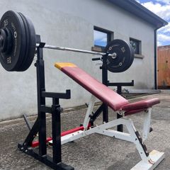 Gym equipment (squat rack/ bench / barbell + weights)