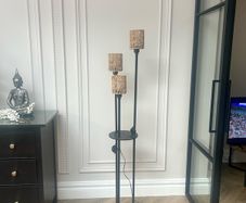 Rattan Triple-Head Floor Lamp Stylish Woven Shades + Built-In Shelf