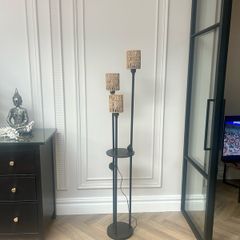 Rattan Triple-Head Floor Lamp Stylish Woven Shades + Built-In Shelf