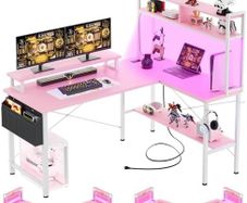 L Shaped Gaming Desk with Power Outlets & LED Lights, Small L- Shaped Computer Corner Desk with Monitor Stand & Storage Shelf, Gaming Table with Storage Bag, Pink