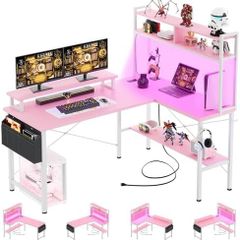 L Shaped Gaming Desk with Power Outlets & LED Lights, Small L- Shaped Computer Corner Desk with Monitor Stand & Storage Shelf, Gaming Table with Storage Bag, Pink