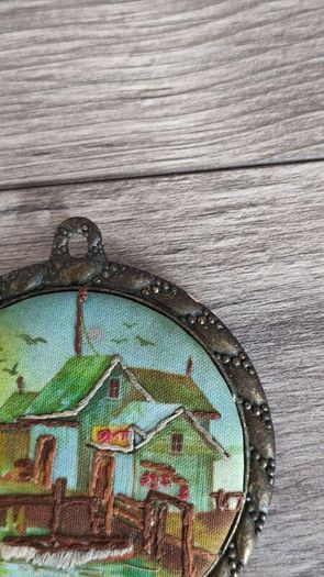 X3 vintage framed creative circle CrossStitch Embroided pictures wishing well, mill and fishing harbour
