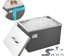 Drop in Ice Chest, 20"L x 14"W x 12"H (508 x 355 x 306 mm) Stainless Steel Drop in Cooler, 30L Commercial Ice Bin with Pot Lid for Outdoor, Drain-pipe Set Included, for Cold Wine Beer