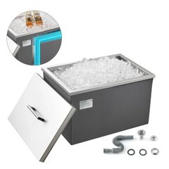Drop in Ice Chest, 20"L x 14"W x 12"H (508 x 355 x 306 mm) Stainless Steel Drop in Cooler, 30L Commercial Ice Bin with Pot Lid for Outdoor, Drain-pipe Set Included, for Cold Wine Beer