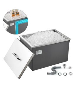 Drop in Ice Chest, 20"L x 14"W x 12"H (508 x 355 x 306 mm) Stainless Steel Drop in Cooler, 30L Commercial Ice Bin with Pot Lid for Outdoor, Drain-pipe Set Included, for Cold Wine Beer
