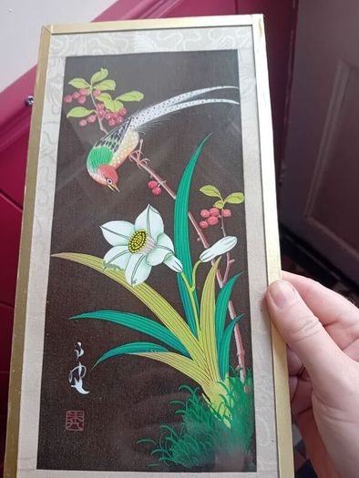 A Pair of mid century painted silk panels