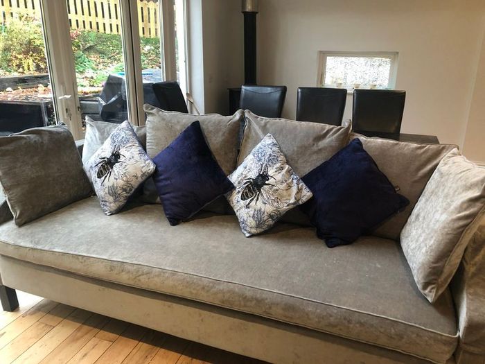 Cornelia Night Sofa Grey and dining table