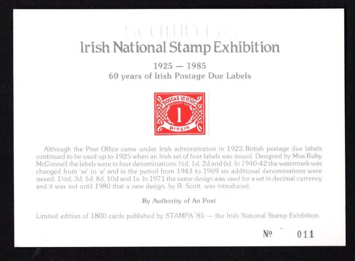 1985 Ireland Stampa Public Souvenir (red) souvenir Postage Due Card number 11. Note description.