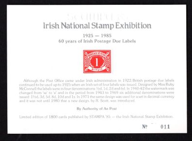 1985 Ireland Stampa Public Souvenir (red) souvenir Postage Due Card number 11. Note description.