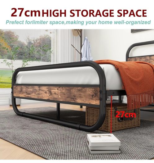 King Size Bed Metal Platform Bed Frame with Wood Headboard