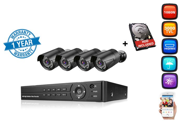 Cctv System, 4 Cameras 3000tvl Hd 1080n + Hdd - 1 Year Warranty
