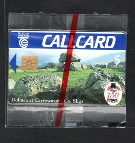 1995 Ireland 5 unit 750th Anniversary of Sligo with picture of Dolmen at Carrowmore, Co. Sligo (Gemplus GEM1) Call Card Mint in Packaging Telecom Eireann card number 1108