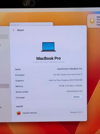 MacBook Pro 13.3" Touch Bar A1706 2017 3.5GHz Intel i7 | 500GB SSD | 16GB Memory macOS Ventura (Iris Plus Graphics 650 1536 MB) Battery Cycle: 131