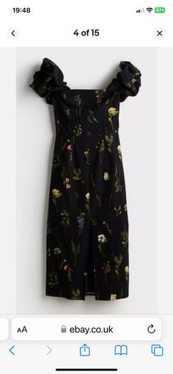 H&M Black Floral Off-the-shoulder Linen Cotton Midi Dress