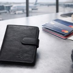 Genuine Leather Passport Holder Black Travel Wallet with Button Closure