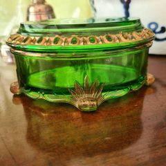 Antique emerald glass trinket box