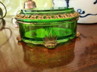 Antique emerald glass trinket box