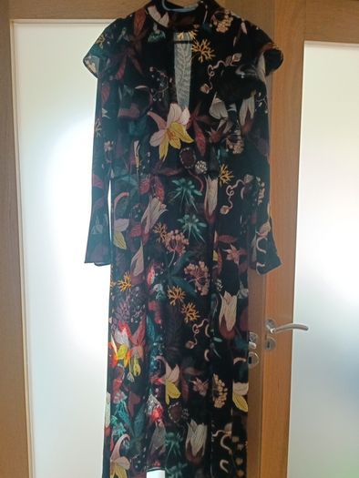 Boho long black floral botanical print frills dress high neck 10